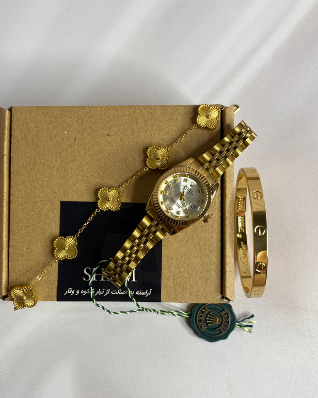 ساعت رولکس زنانه فول طلایی با ست بنگل کارتیه و دستبند ونکلیف رنگ ثابت