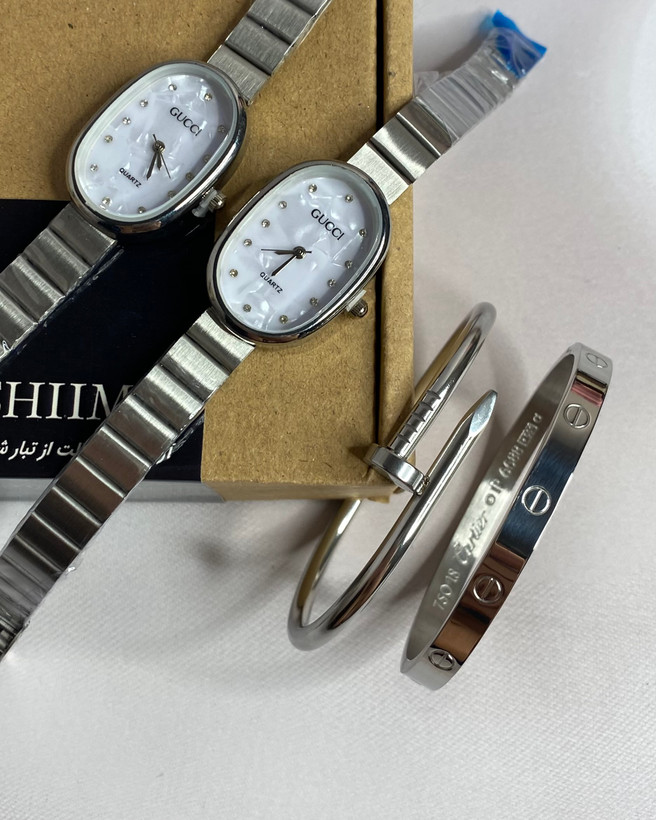 ست ساعت گوچی زنانه بند کرکره ای با بنگل میخی و کارتیه